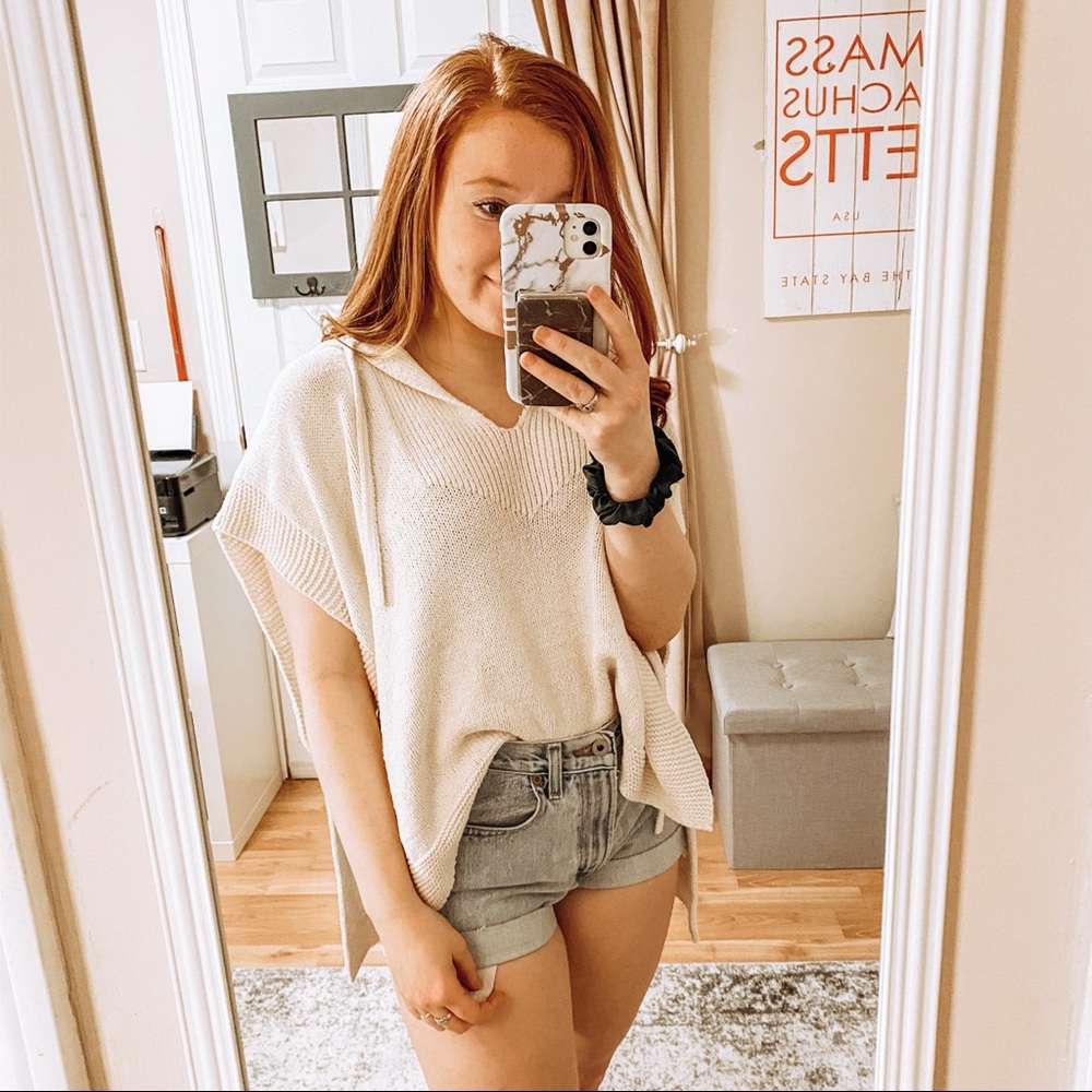 Madewell White Knit Hooded Poncho